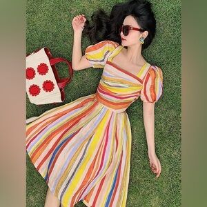 Multicolor Striped Puff Sleeve Summer Midi Dress